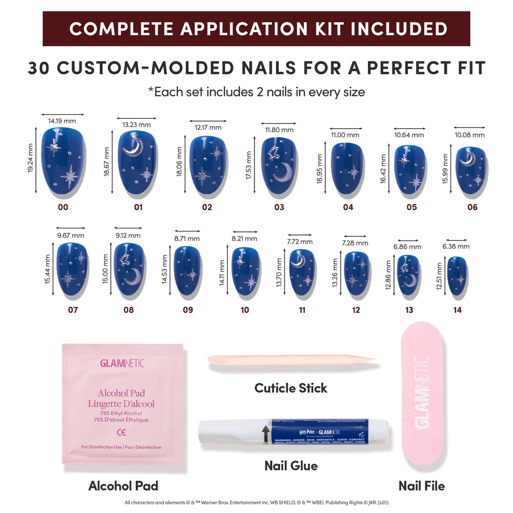 Glamnetic 30-nail kit with glue, file, and tools for quick application.