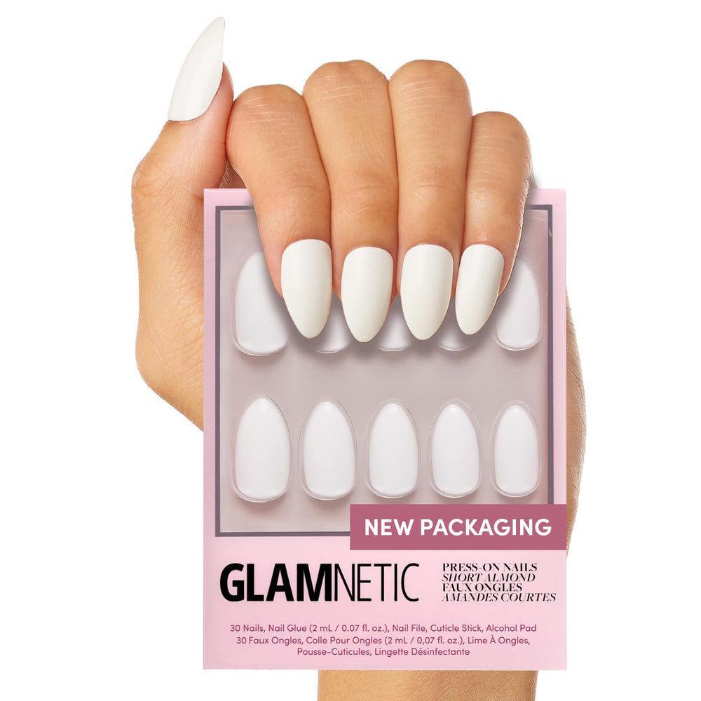 Glamnetic Angel opaque white short almond nails with long-lasting wear.
