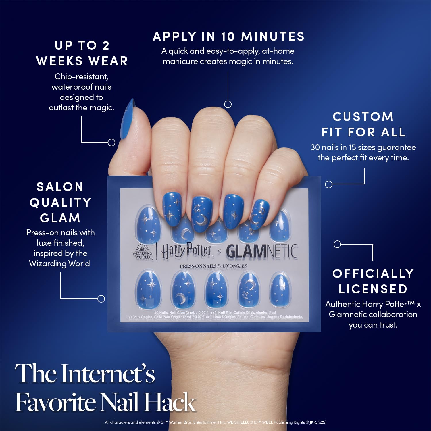 Glamnetic blue celestial nails showcase 3D graphics for standout look.