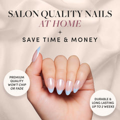 Glamnetic Blueberry Icing short almond nails offer everyday style with a chic French tip.