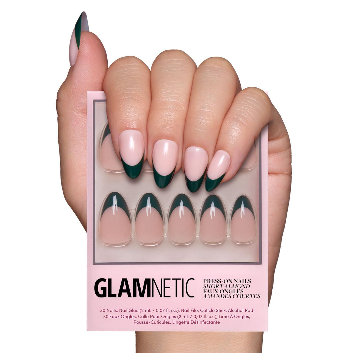 Glamnetic Château nails with semi-transparent forest-green base for elegant everyday wear