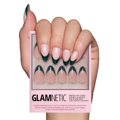 Glamnetic Château nails with semi-transparent forest-green base for elegant everyday wear