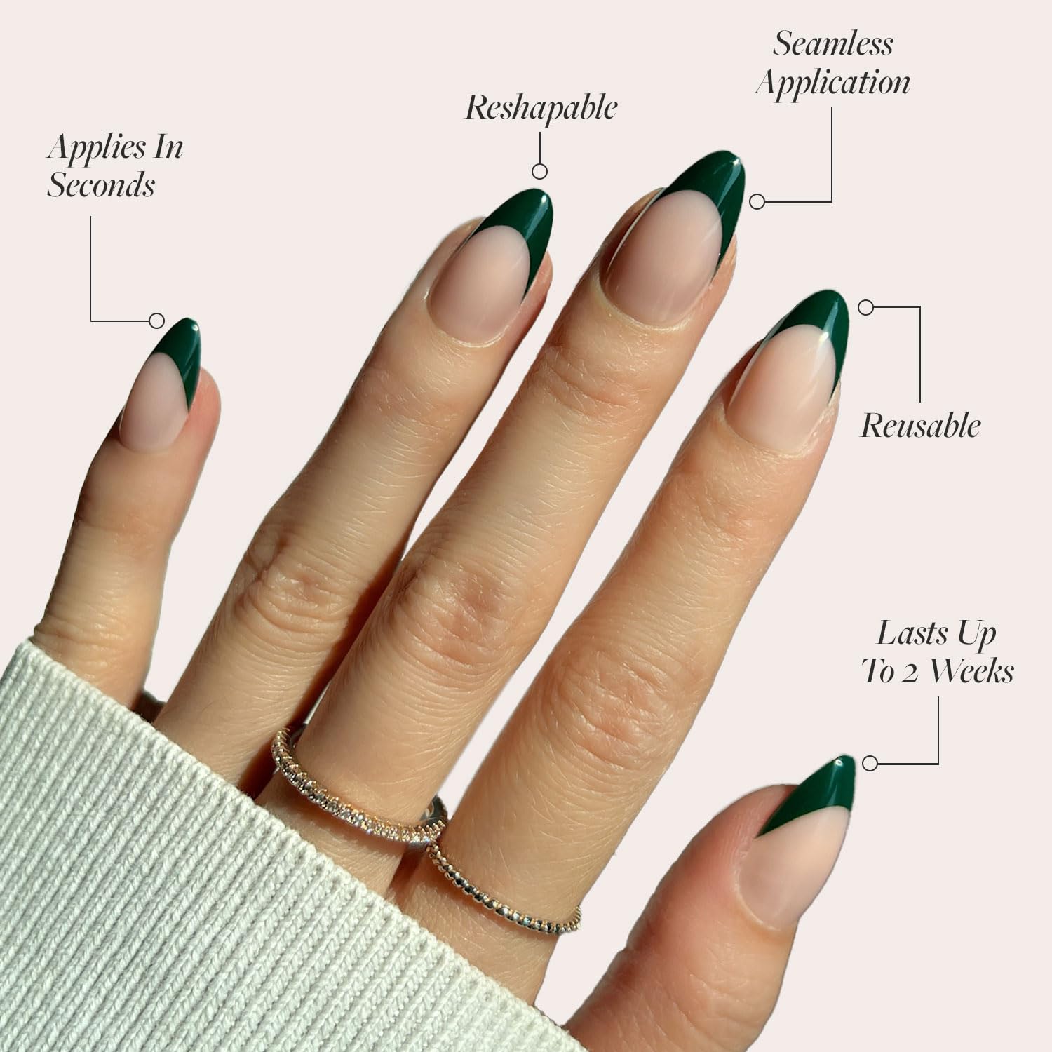 Glamnetic Château short almond nails with glossy finish for chic comfort