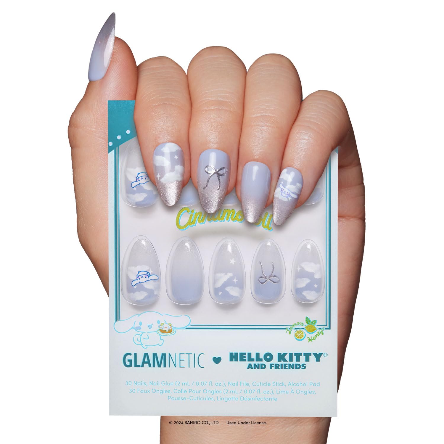 Glamnetic Cinnamoroll cloud nails in pale blue velvet finish for everyday wear