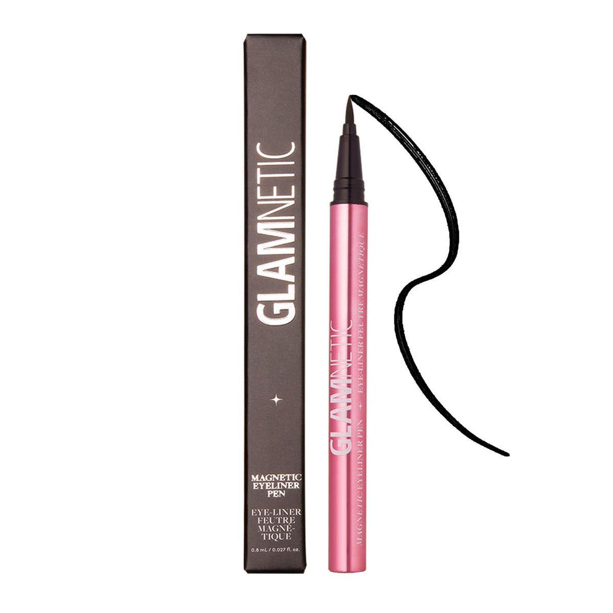 Glamnetic felt-tip magnetic eyeliner pen with black cap offers precise, quick-drying lash placement.