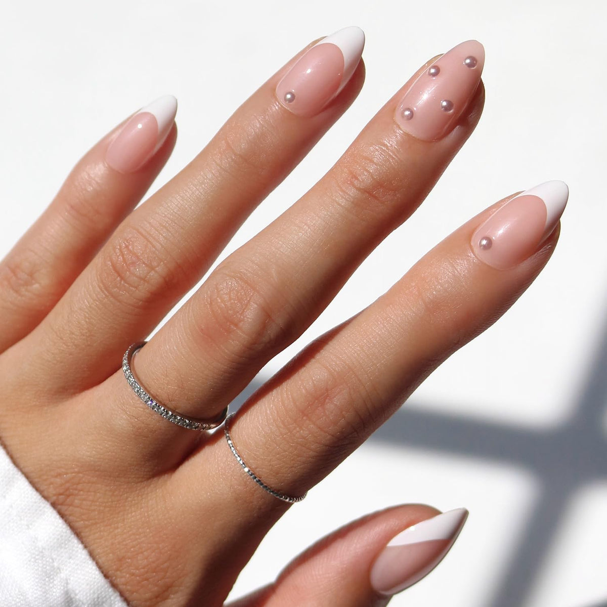 Glamnetic GlamZilla Always & Forever short almond French pearls image shows pearl accents for wedding-ready nails