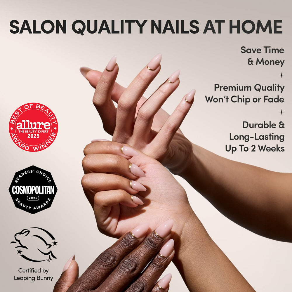 Glamnetic Goal Chaser nails closeup reveals almond shape and glossy nude finish