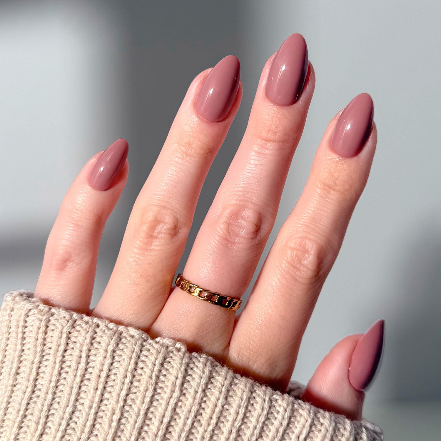 Glamnetic Mauve Obsession nails closeup showing the muted almond shape for a versatile everyday look.