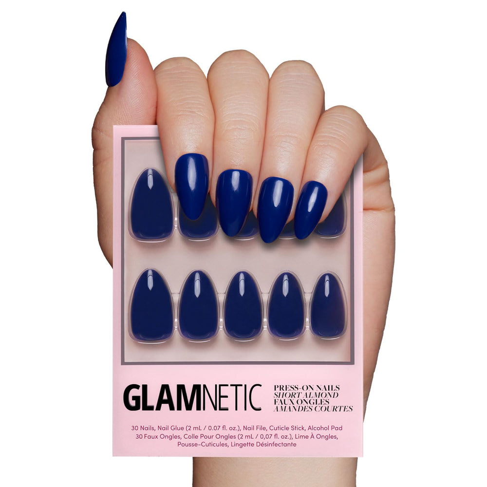 Glamnetic Midnight Blue nails in packaging showing bold salon-ready style