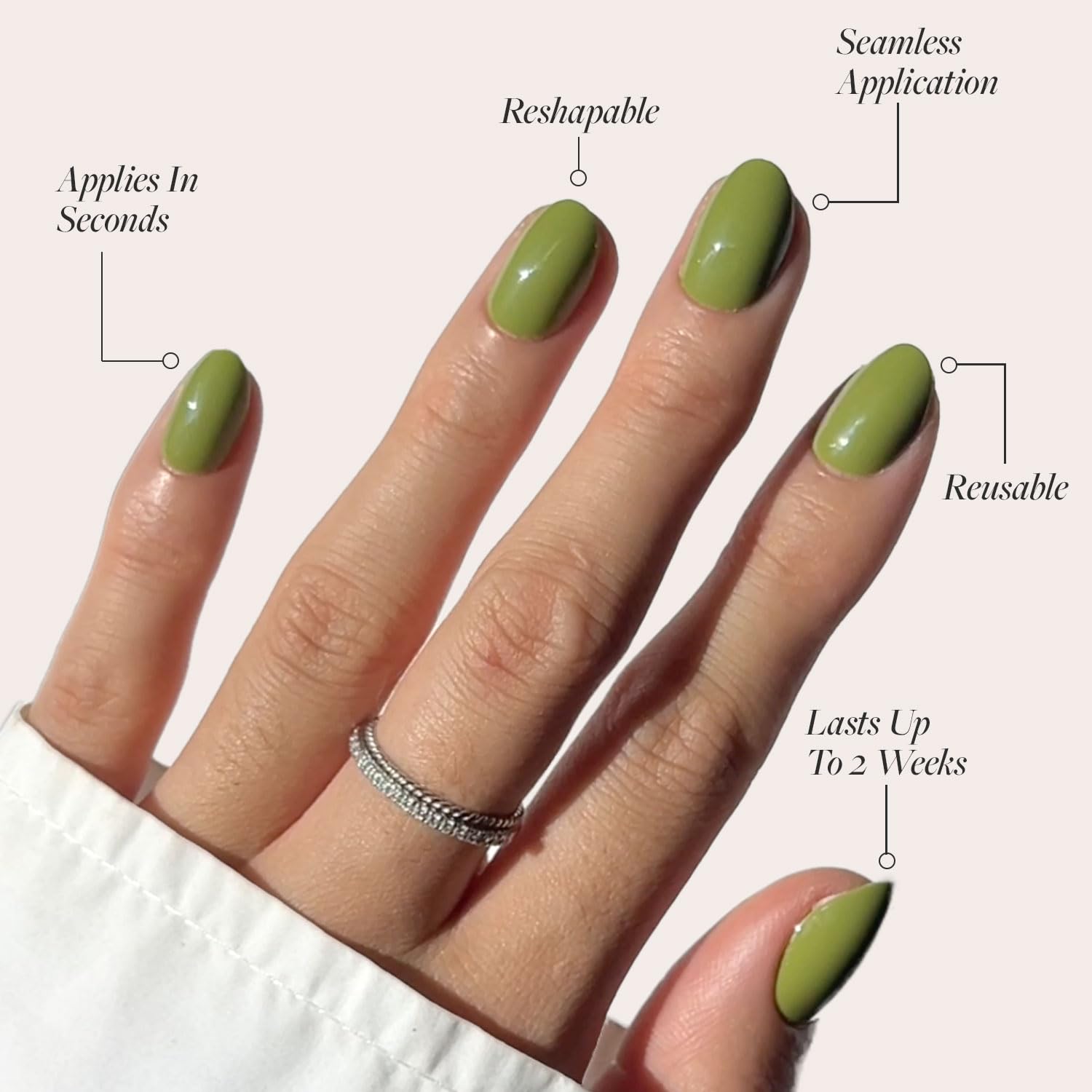 Glamnetic Moss Green nail set with storage box showing easy at-home manicure organization