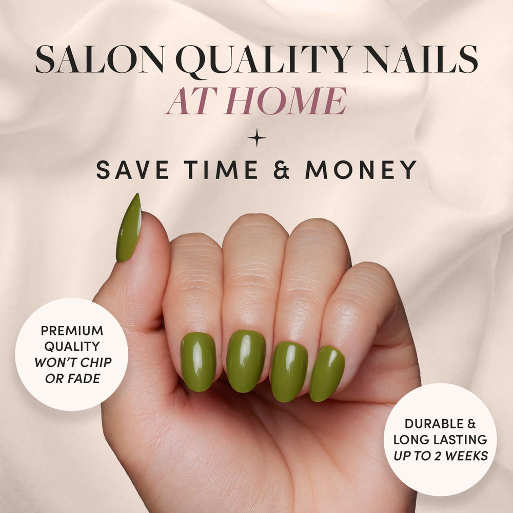Glamnetic Moss Green nails on fingertips in short oval shape for easy daily wear