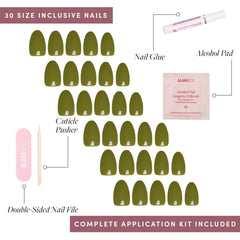 Glamnetic Moss Green press-on nails with glue and file enabling quick weekend touchups