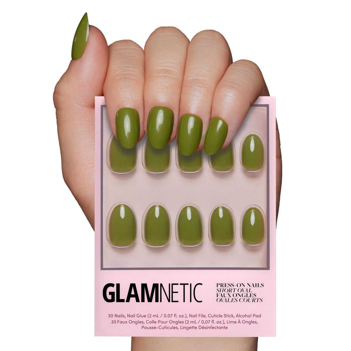 Glamnetic Moss Green press-on nails kit close-up showing durability and salon-quality finish