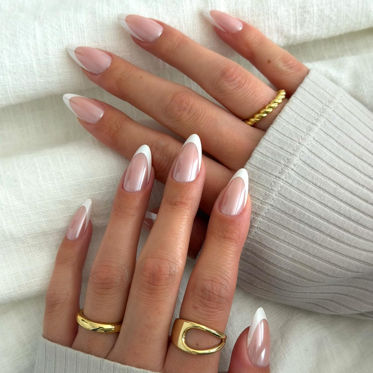 Glamnetic Mother Pearl nails glazed French tip close-up for premium salon look at home.
