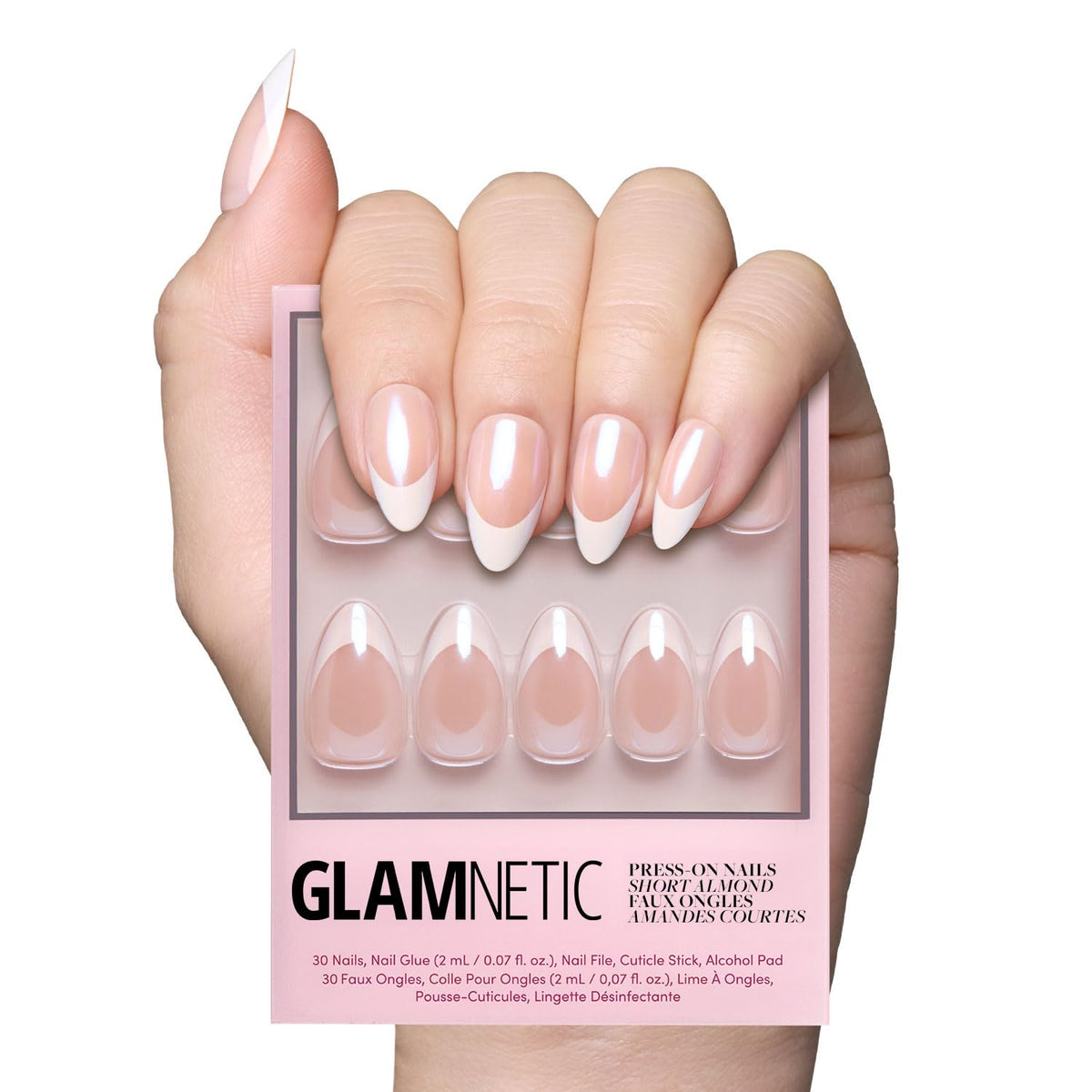 Glamnetic Mrs press-on nails with almond shape and French tips for timeless elegance.
