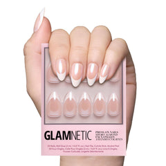 Glamnetic Mrs press-on nails with almond shape and French tips for timeless elegance.