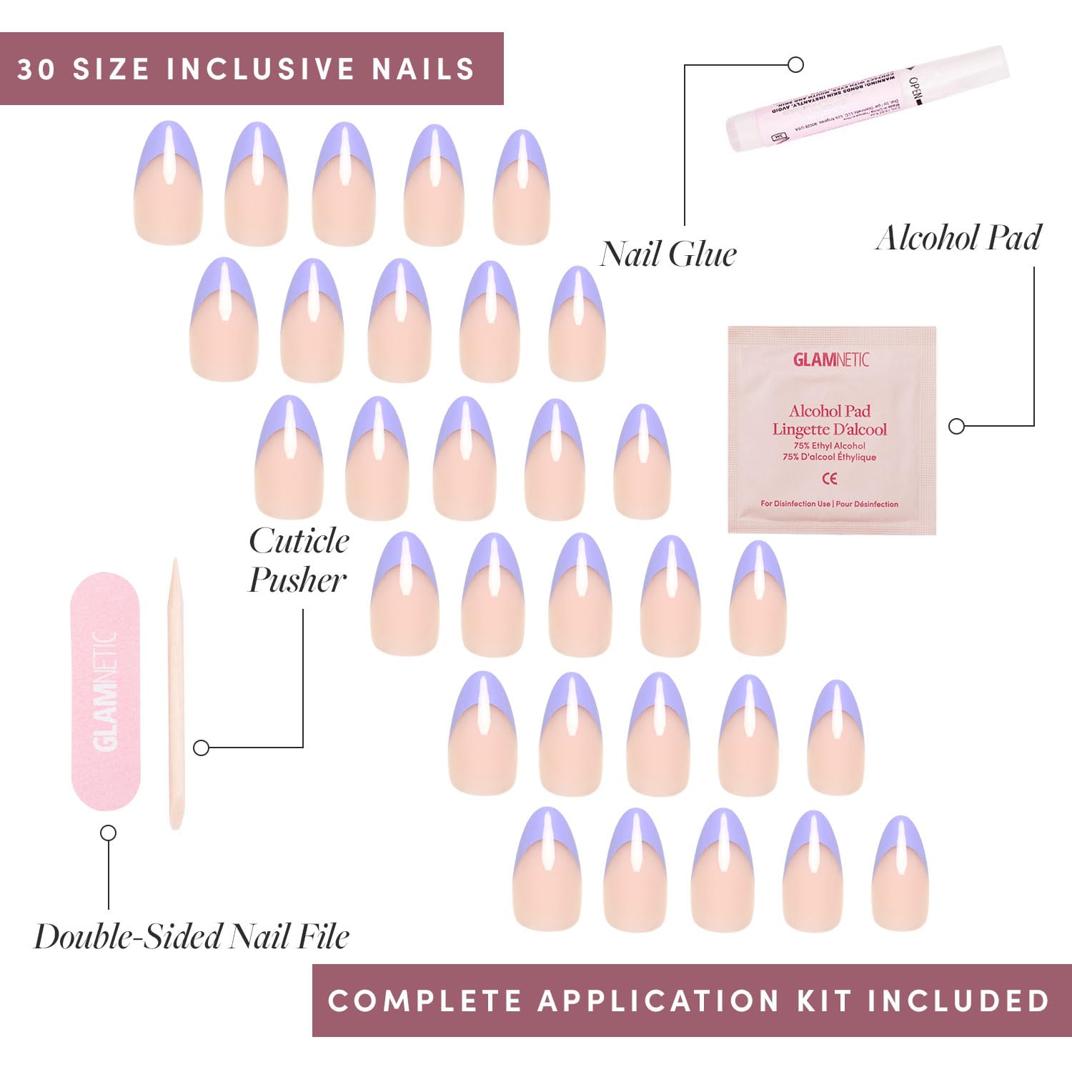 Glamnetic nail glue and tools included for secure at-home application