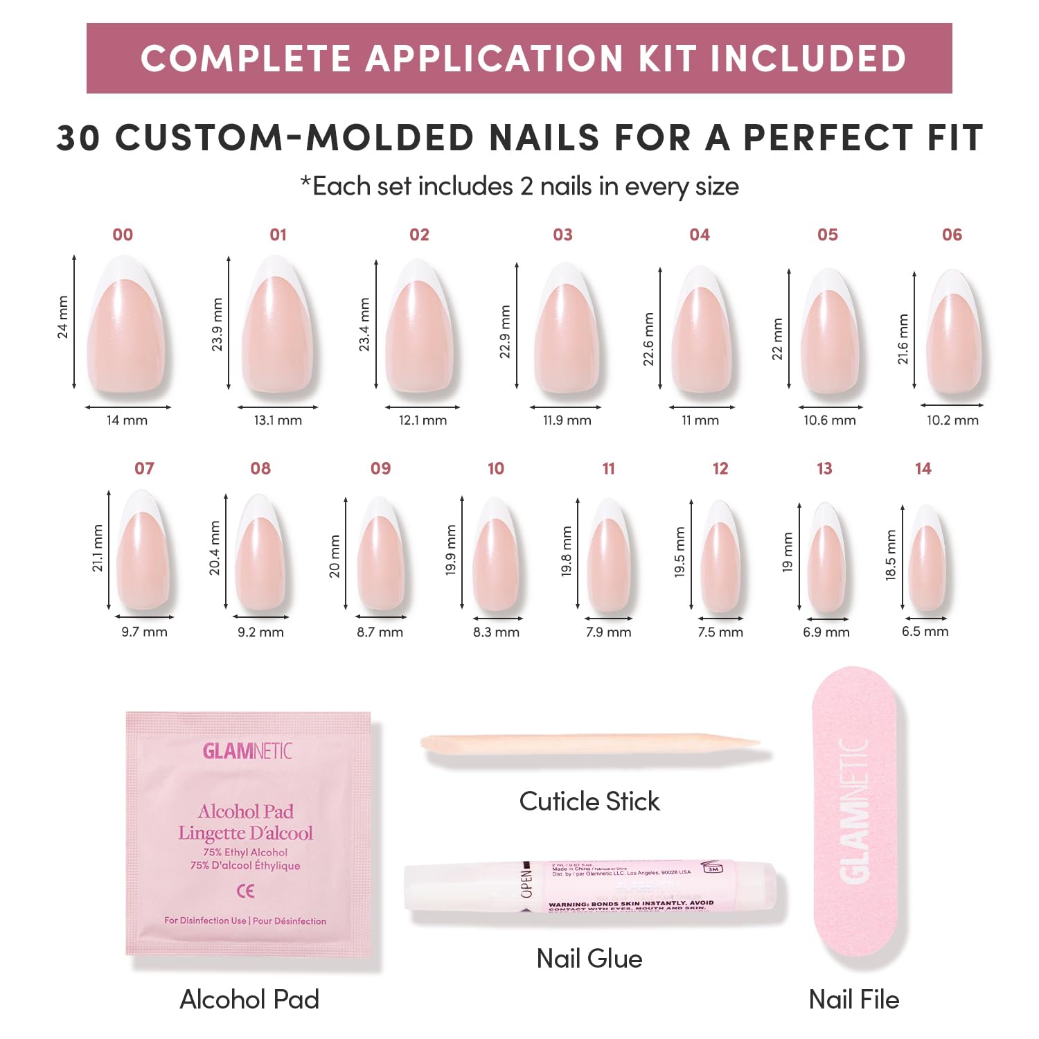 Glamnetic nail glue and tools accompany the set for quick, secure manicures.