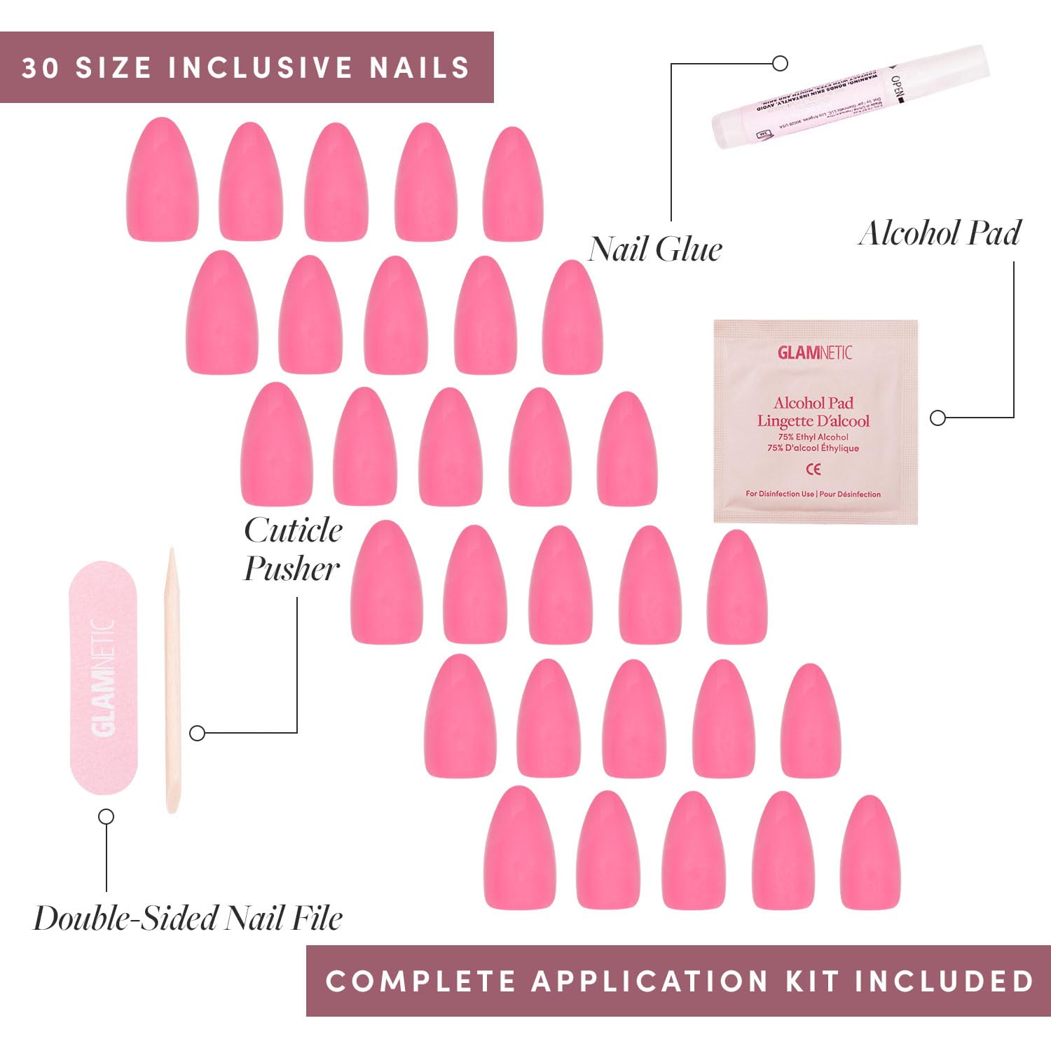 Glamnetic nail glue and tools included for easy, secure application