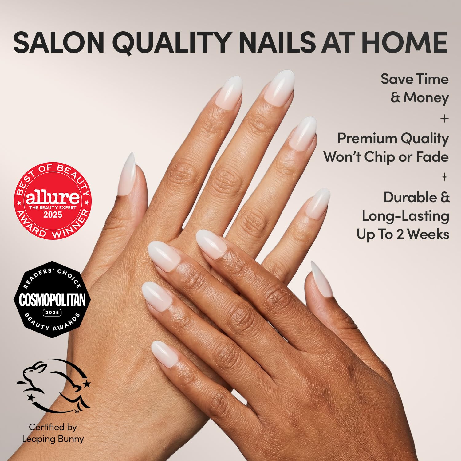 Glamnetic Creamer: ombre neutro en uñas cortas y redondas para uso diario.