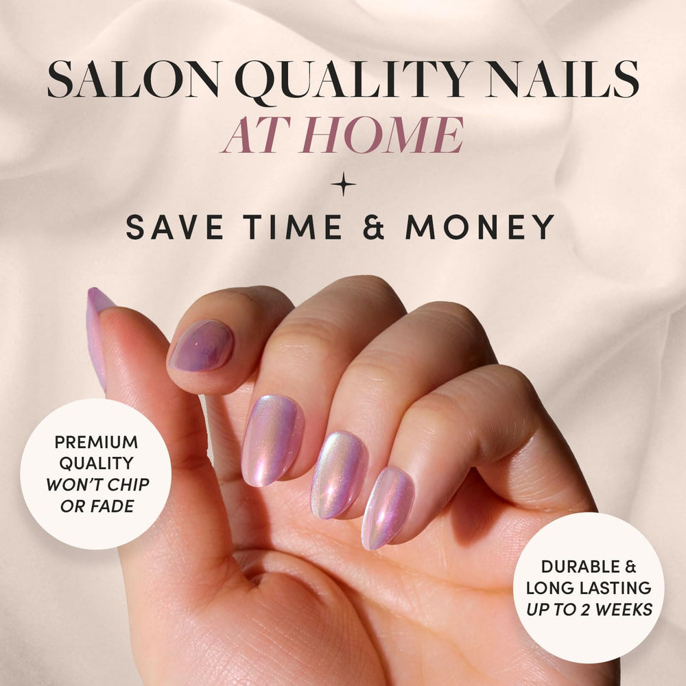 Glamnetic Oyster cat eye nails showing moonlit shimmer for a chic, premium look.