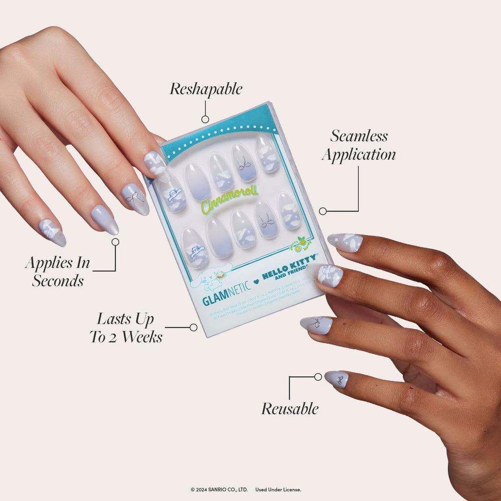 Glamnetic pale blue velvet nails highlight soft texture and luxe feel