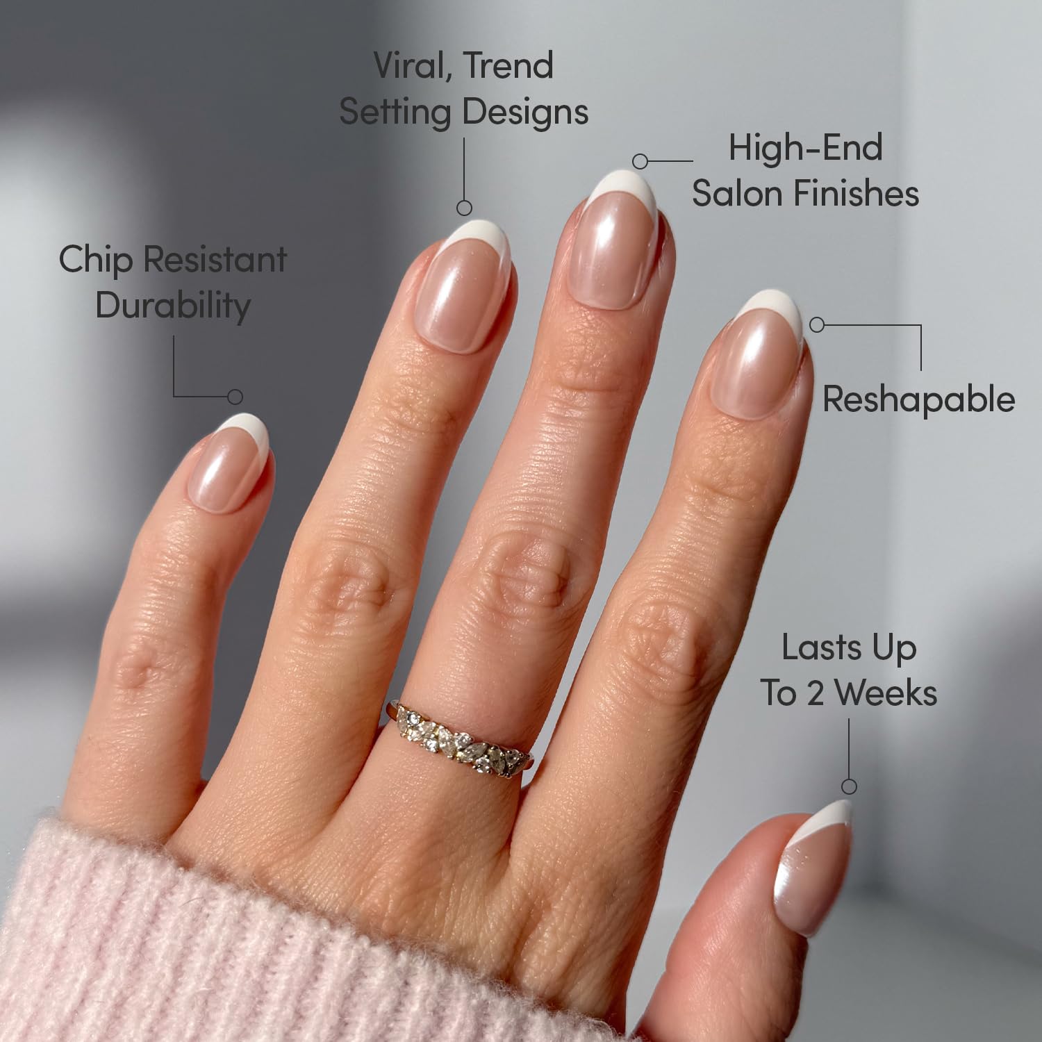 Glamnetic Pearlfect nails French tip detail highlighting pearlescent gloss and precision.