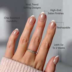 Glamnetic Pearlfect nails French tip detail highlighting pearlescent gloss and precision.