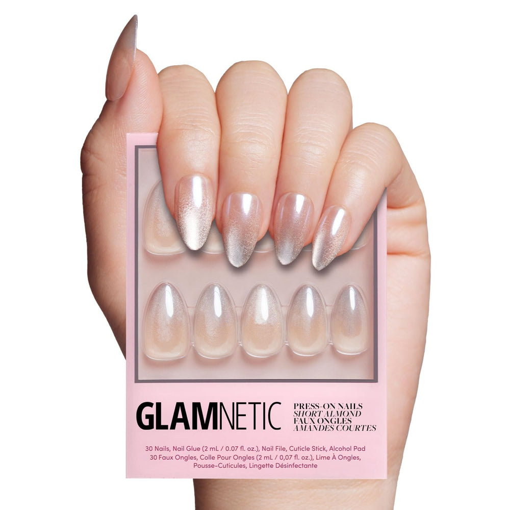 Glamnetic Polar Night nails with ombre silver tips for icy, salon-quality manicure at home