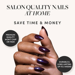 Glamnetic press-on nails almond shape close-up highlights easy application and precise fit.