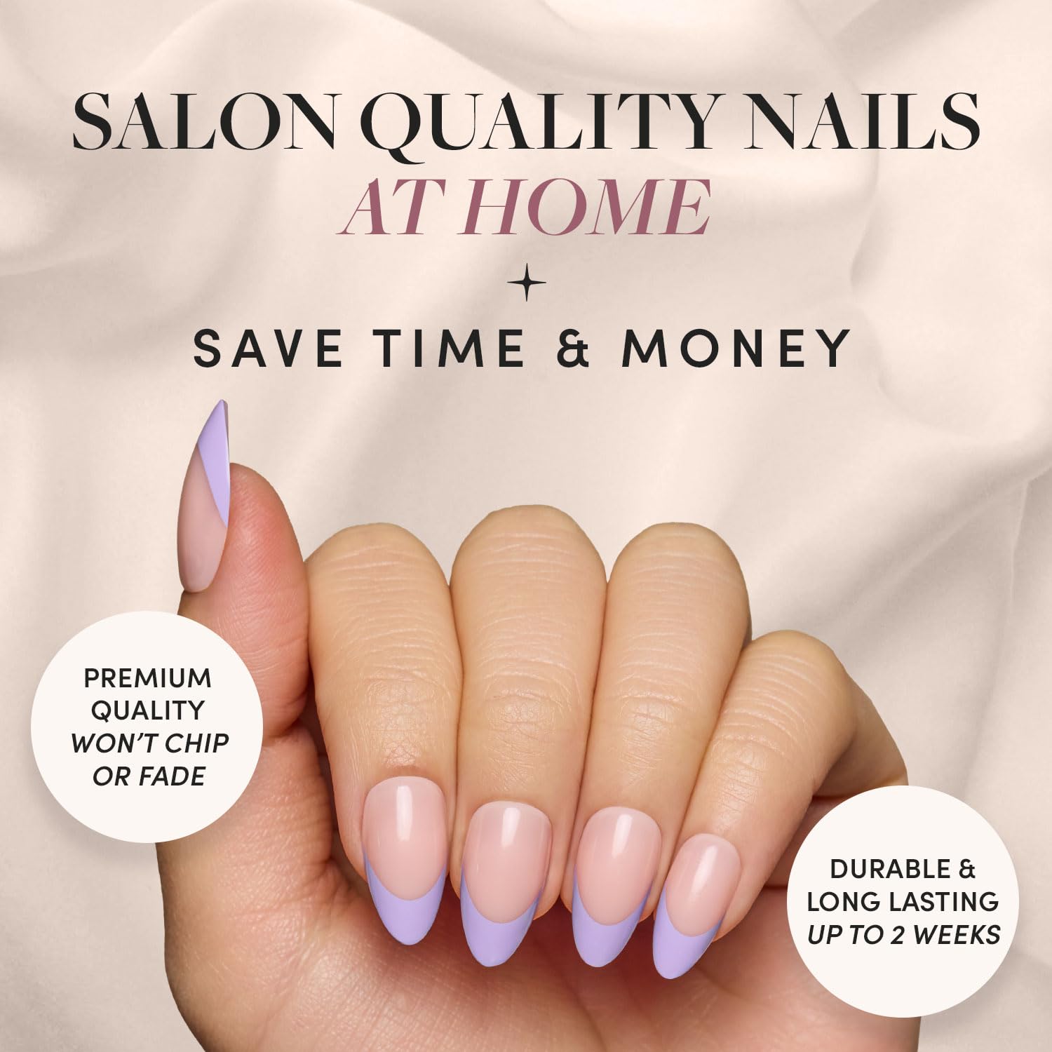 Glamnetic short almond nails deliver durable, easy-to-wear French Lilac style