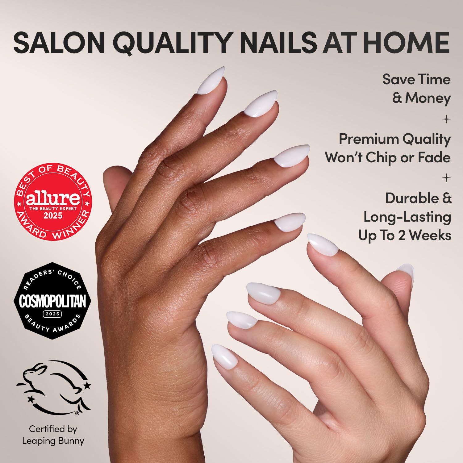 Forma ovalada corta Glamnetic White Swan para estilo minimalista.