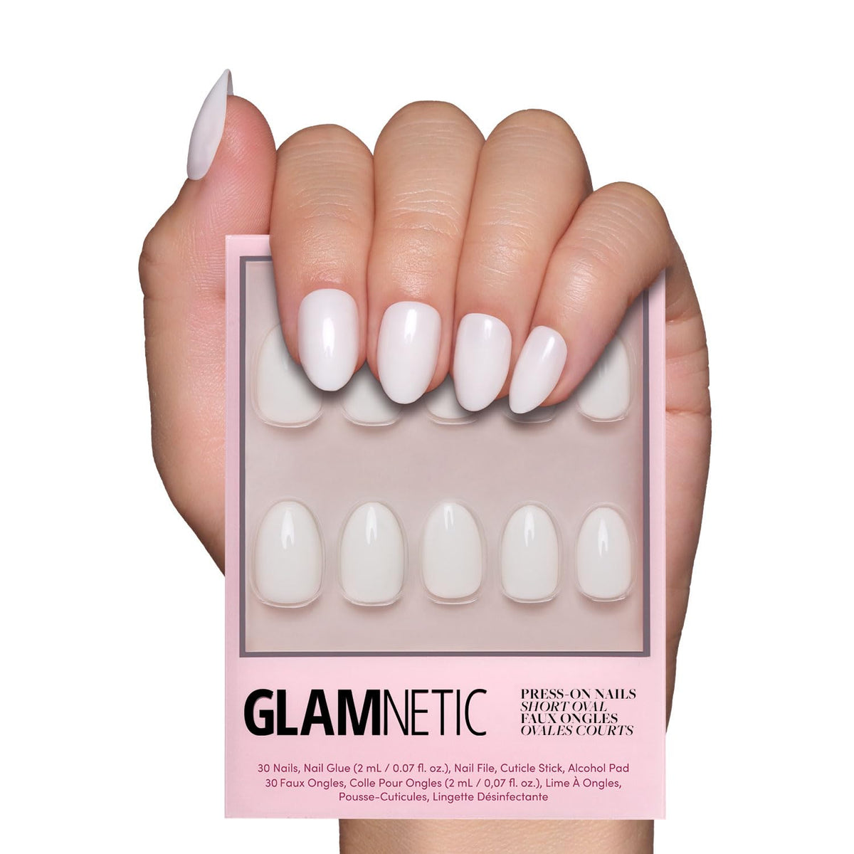 Glamnetic Uñas postizas White Swan — set completo para manicura rápida y duradera.