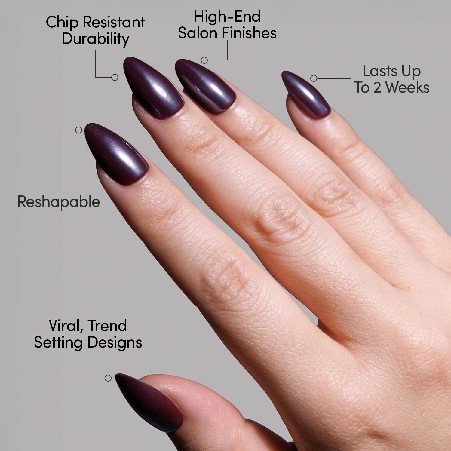 Glamnetic UV-coated nail surface close-up shows chip-resistant gloss and long wear potential.