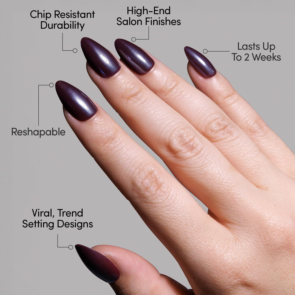 Glamnetic UV-coated nail surface close-up shows chip-resistant gloss and long wear potential.