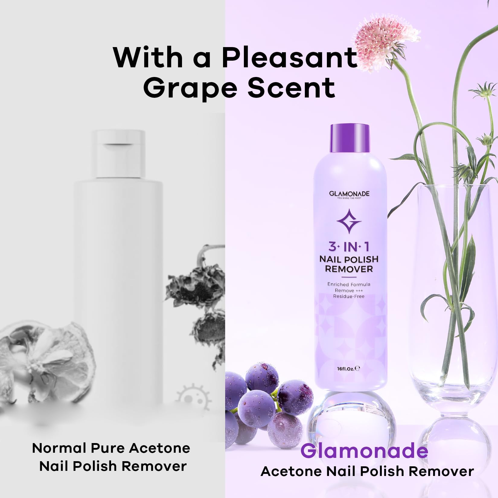 Glamonade remover with grape-seed oil close-up highlighting nail nourishment