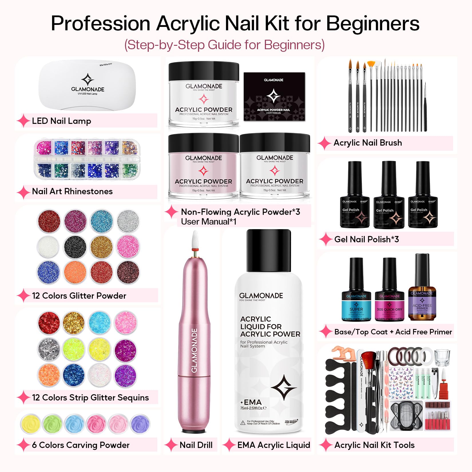 Glamonade acrylic nail kit professional brushes for flawless nail art.