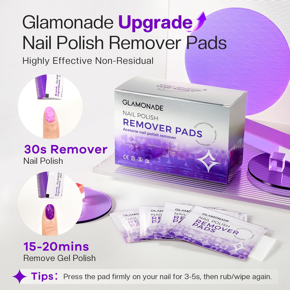 Glamonade remover pad on nail demonstrates quick gel polish lift.
