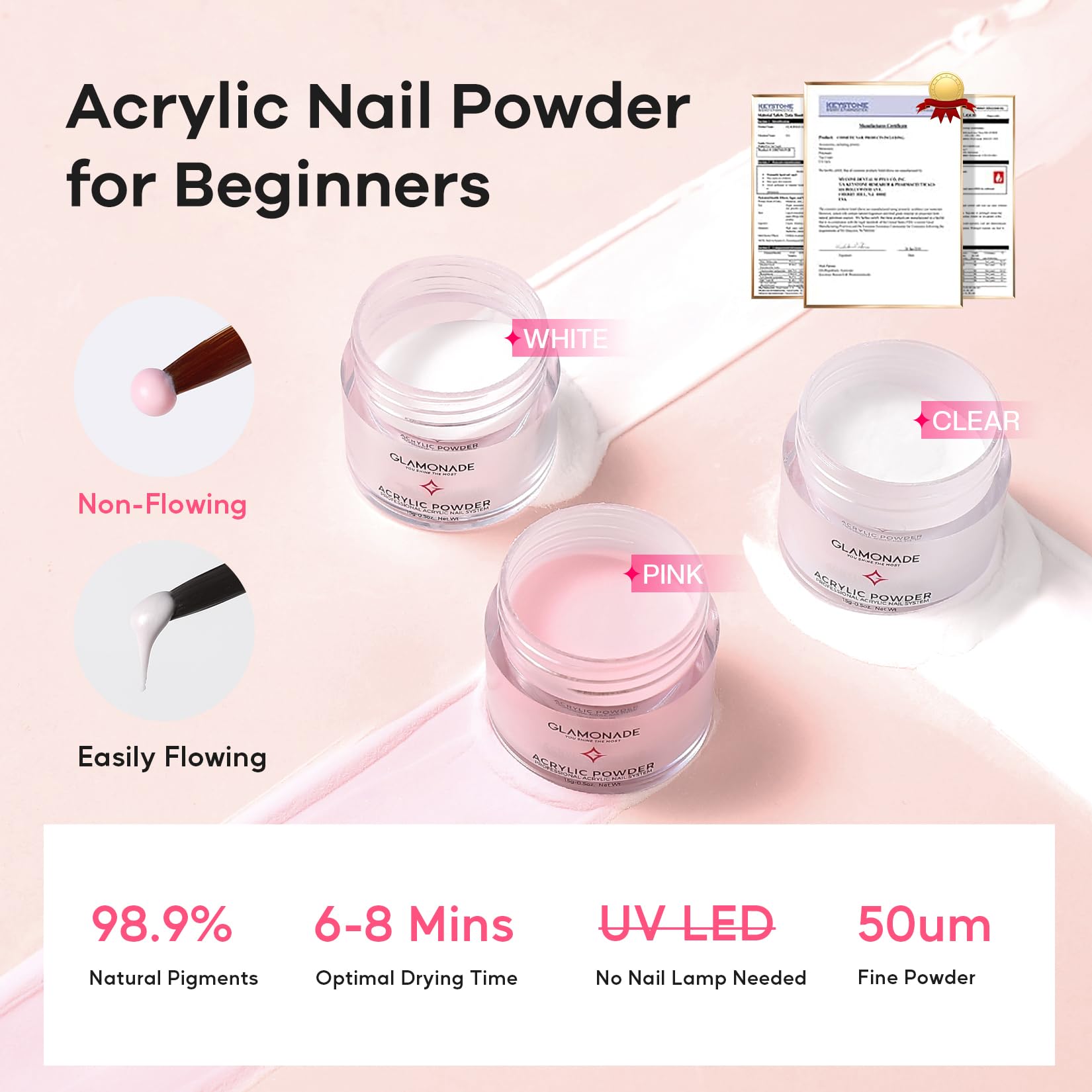 Glamonade non-flowing acrylic powder—easy bead control for beginner-friendly shaping.