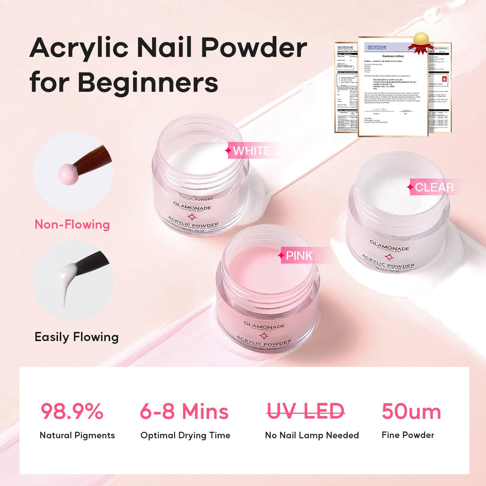 Glamonade non-flowing acrylic powder—easy bead control for beginner-friendly shaping.