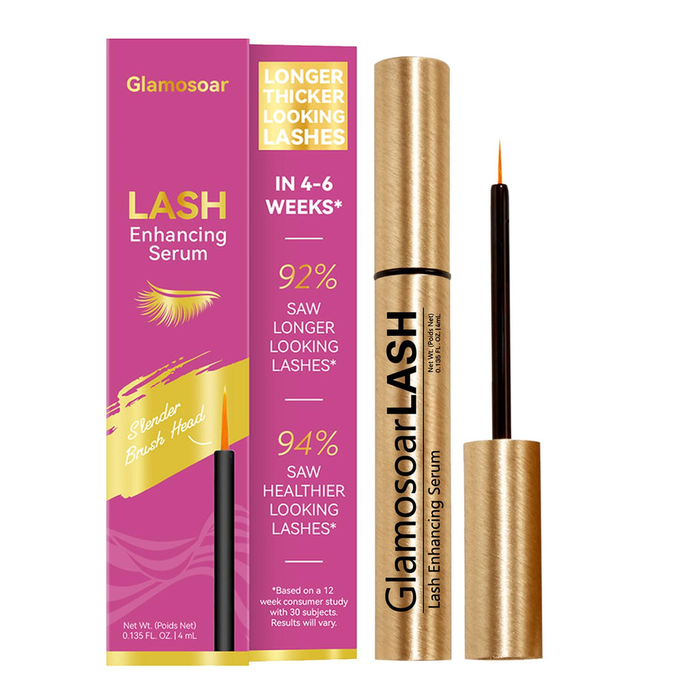 Glamosoar lash serum bottle on vanity for easy daily lash nourishment.