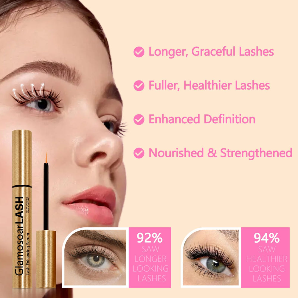 Glamosoar lash serum close-up on lashes showing fuller look.