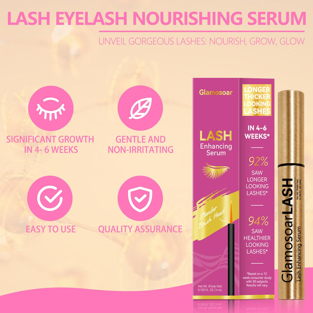 Glamosoar lash serum ingredients highlight Panax Ginseng for growth support.