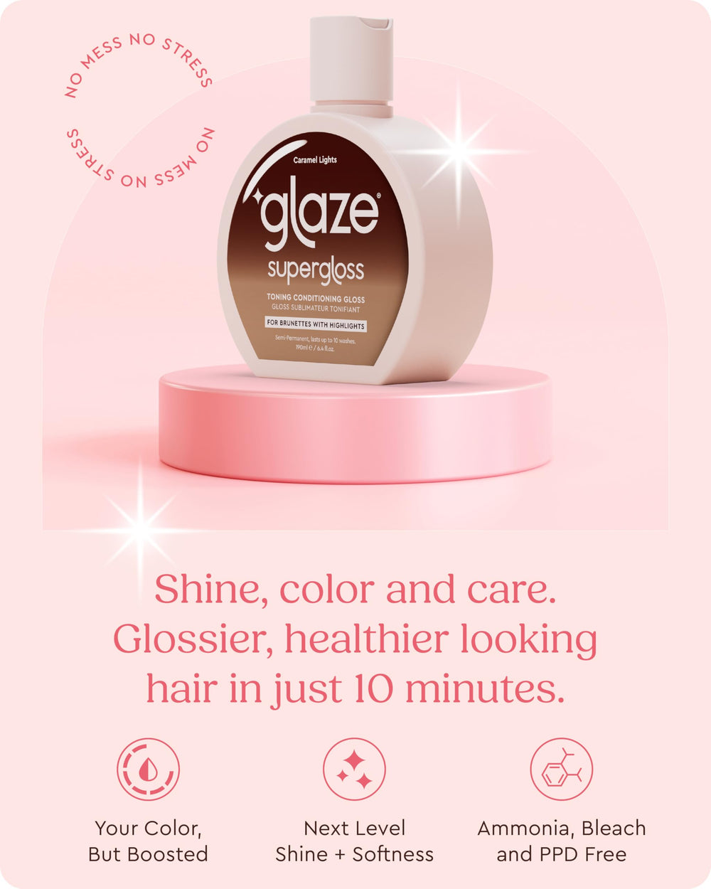 Hair wet strands with Glaze Caramel Lights showing even color boost