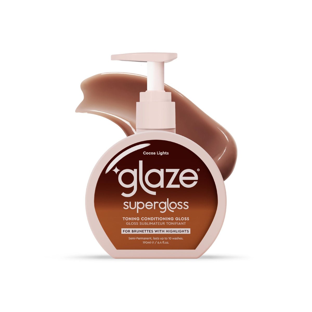 Glaze Super Gloss Cocoa Lights bottle adds rich color boost for medium brown hair.