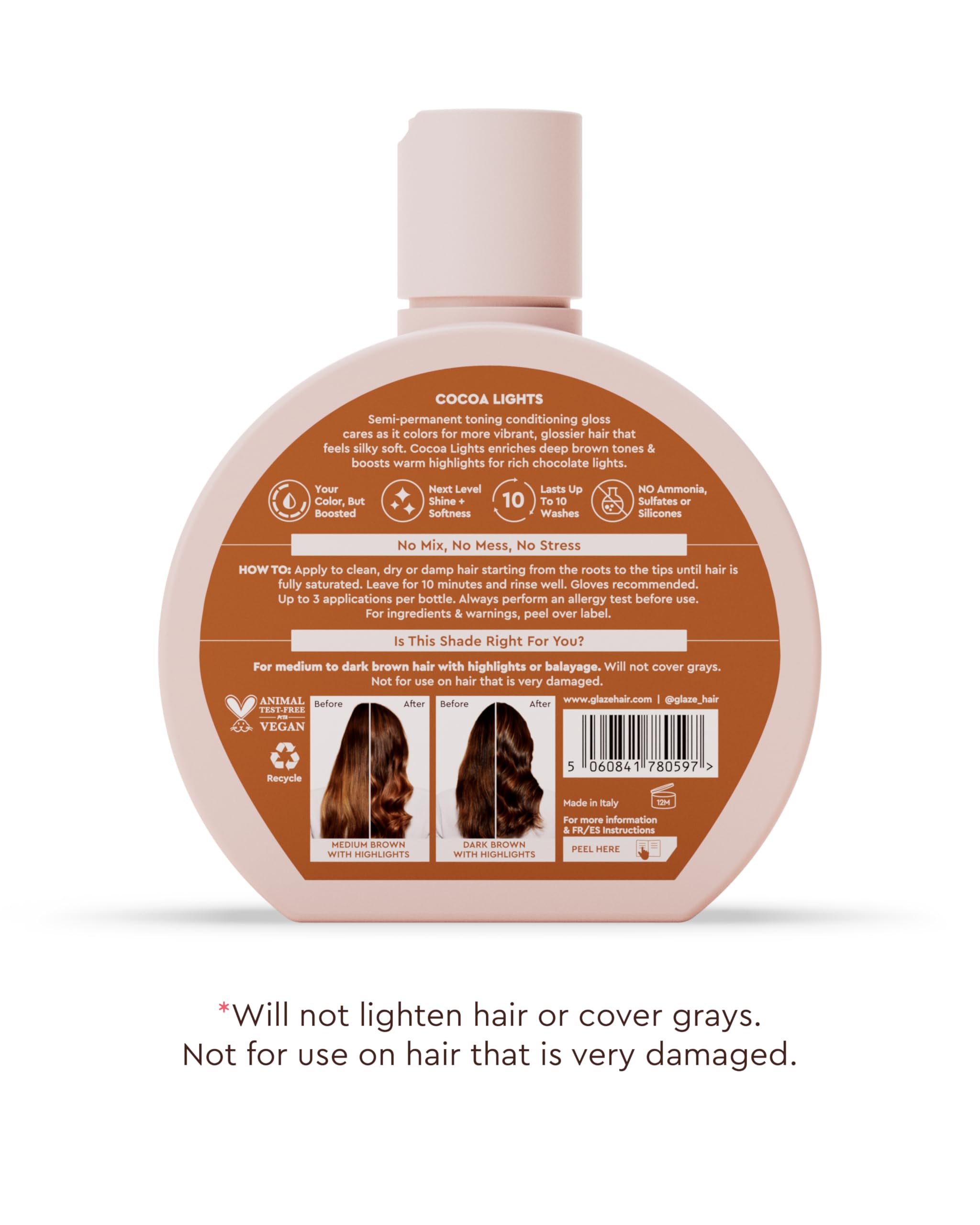 Glaze Super Gloss Cocoa Lights hair gloss on smooth strands conveys a mirror-like finish.