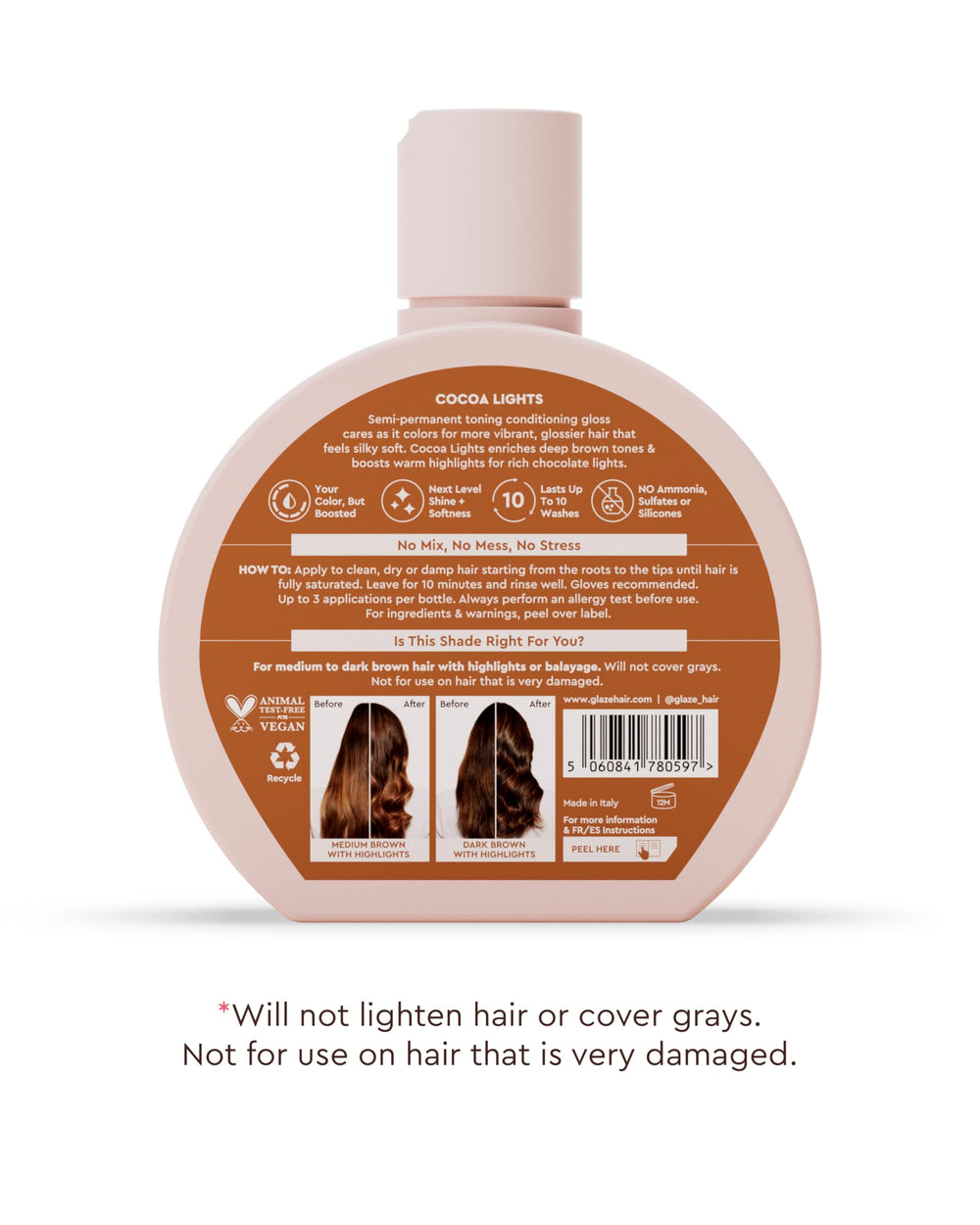 Glaze Super Gloss Cocoa Lights hair gloss on smooth strands conveys a mirror-like finish.