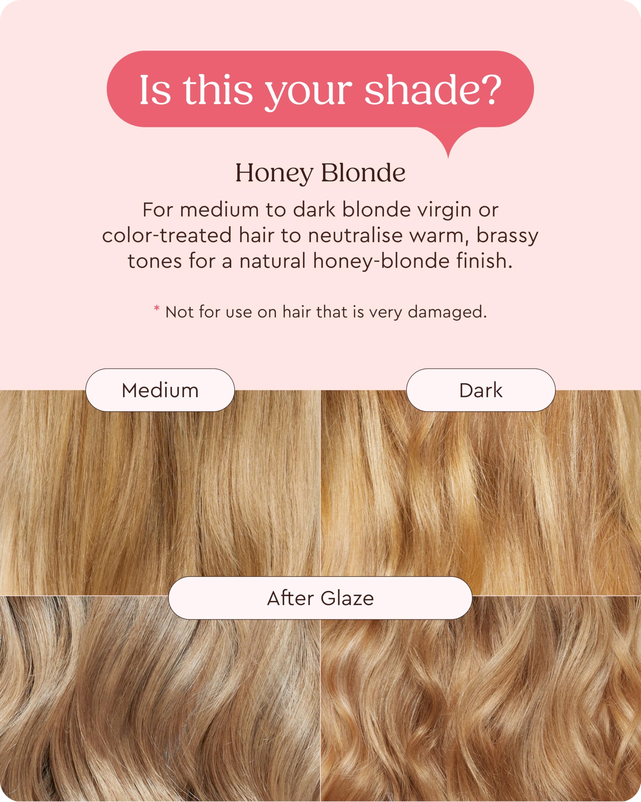 Hair strand close-up after Glaze Super Gloss Honey Blonde application showing shine