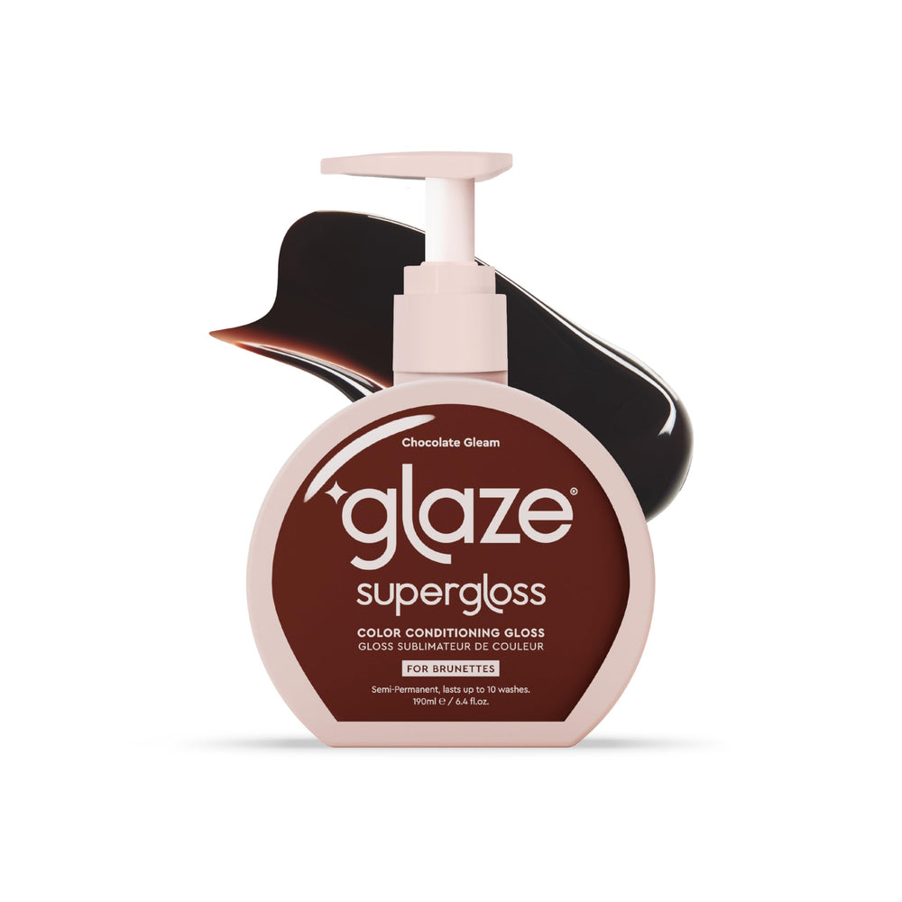Glaze Supergloss Chocolate Gleam bottle shows hydrating color gloss.