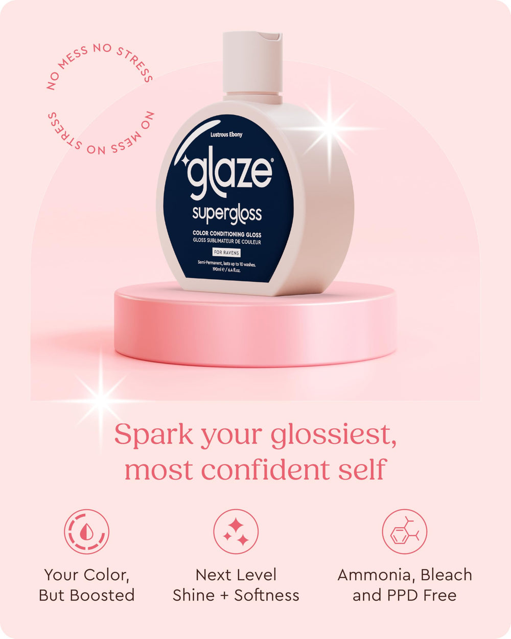 glaze supergloss ebony swatch reveals blue-black shade for natural hair color refresh.